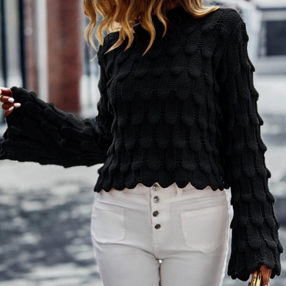 Preppy Womens Mock Neck Trumpet Sleeve Textured Knit Sweater grayish black - Picture 4 of 5
